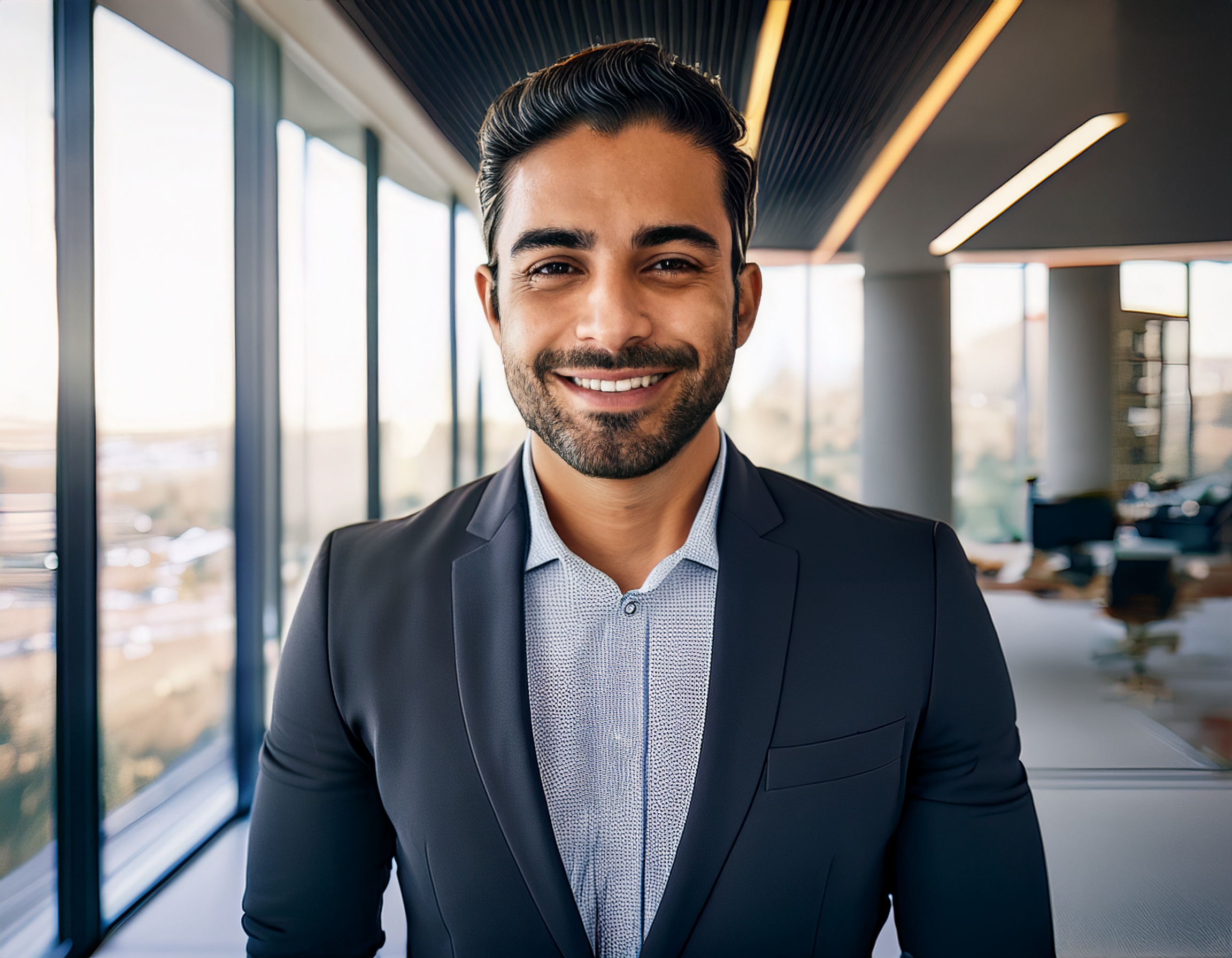 Männliche Person im formalen Business-Outfit, freundliches Lächeln